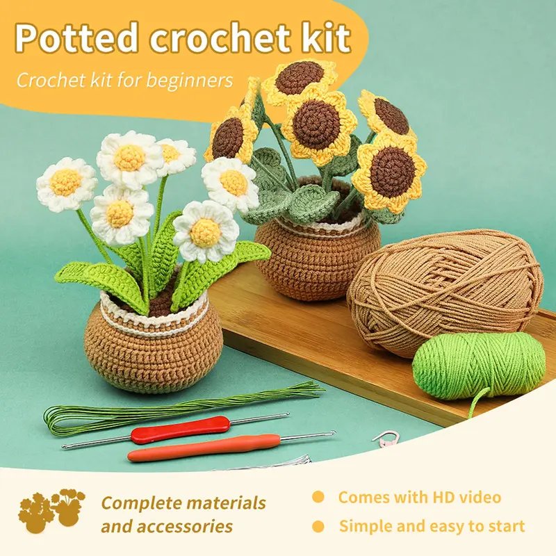 Daisy & Sunflower Design Crochet Kit, 2 Counts/set Floral Crochet Starter Set with Step-by-Step Video Tutorials, Complete Knitting & Crochet Kit for Beginners Adults, DIY Handmade Knitting Supplies 5