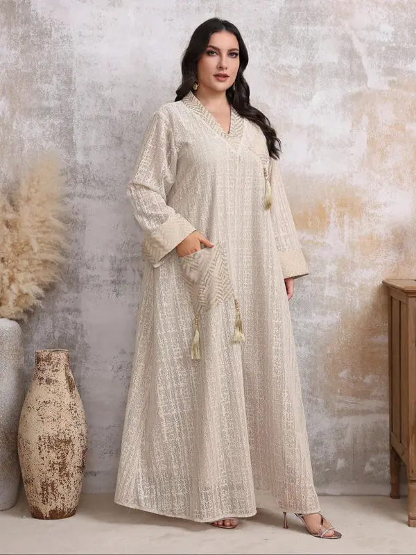 【Plus Size】 Fringe Trim Pocket V Neck Dress, Modest Long Sleeve Arabic Clothing for Women, Women's Islamic Clothing for Fall & Winter 2