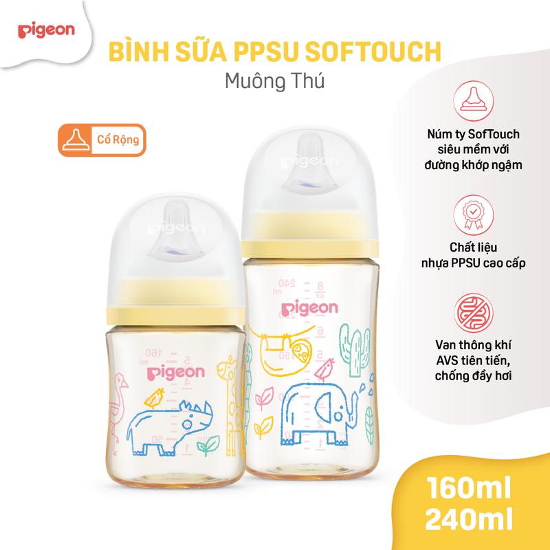 Bình Sữa Pigeon PPSU Softouch Baby-Friendly World 160ml/240ml - Nhiều Hoạ Tiết 8