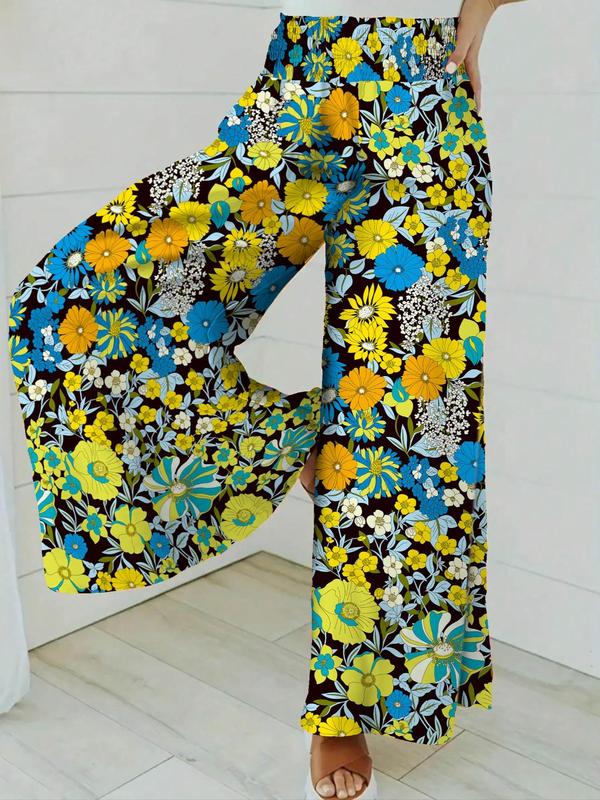 Plus Size Floral Print Shirred Wide Leg Pants, Boho Casual High Waist Trousers for Daily Holiday Vacation Wear, Women's Plus Size Bottoms for Summer 6