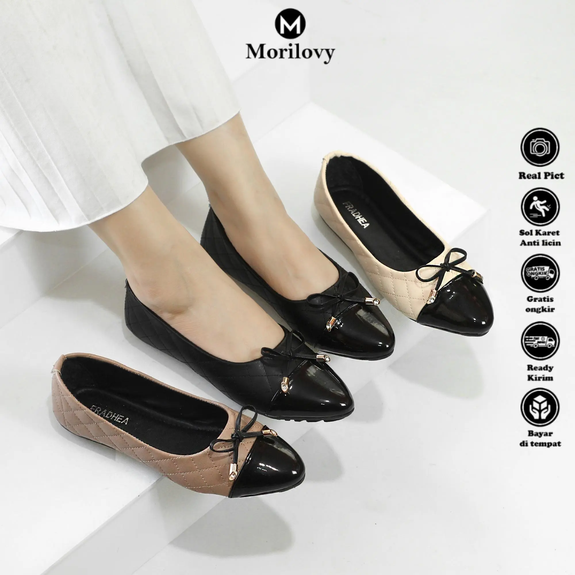 Morilovy Sepatu Balet Flat shoes Karet Teplek Wanita Hitam Kerja Elegan Murah Kekinian Korean Style LT 15