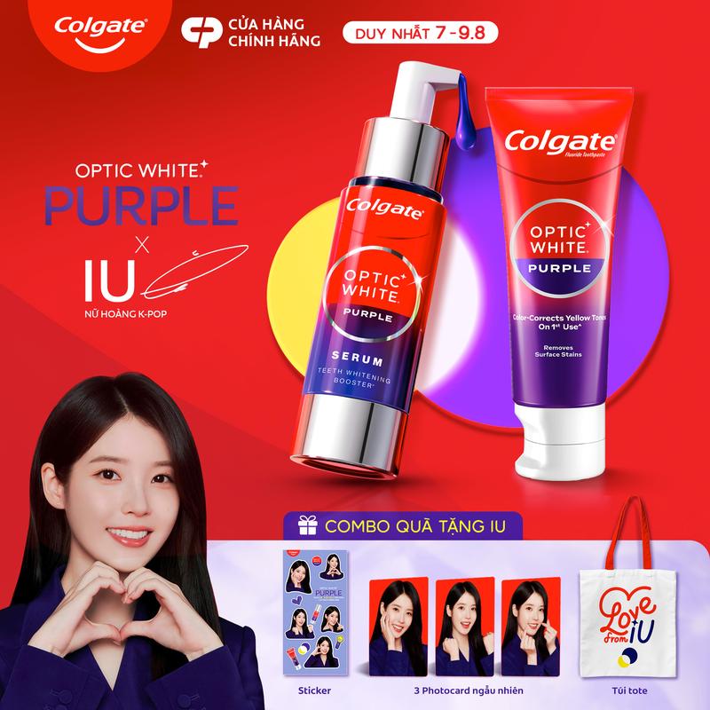 [Duy nhất 7-9.8] Bộ đôi Colgate trắng răng Optic White Purple - Kem đánh răng và Serum tím trung hòa sắc vàng, hỗ trợ răng trắng sáng, an toàn cho men răng