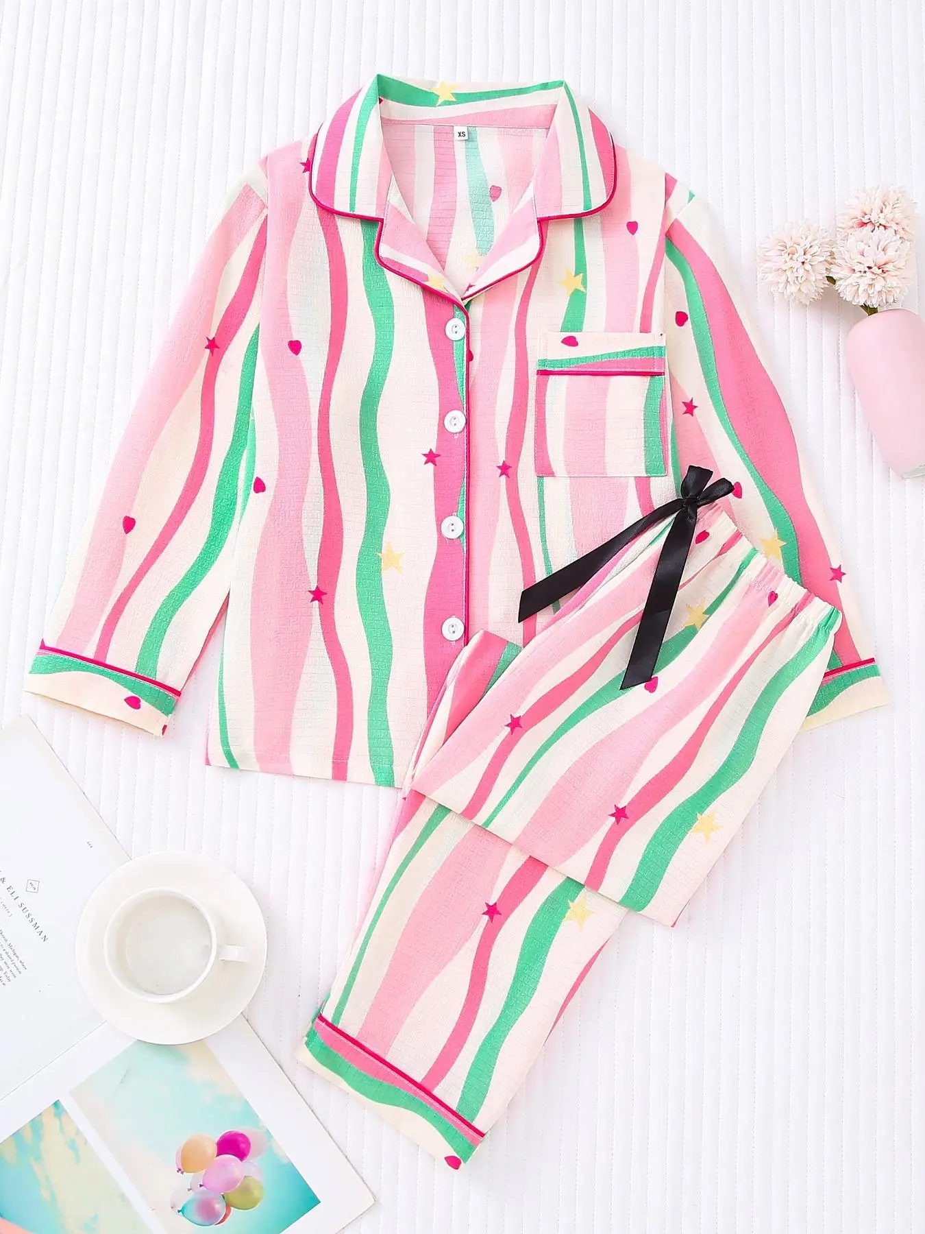 Women's Striped Print Long Sleeve Top & Pants Pyjama Two-piece Set, Casual Comfy Lapel  Neck Top & Trousers Pj Set, Ladies Sleepwear for All Seasons