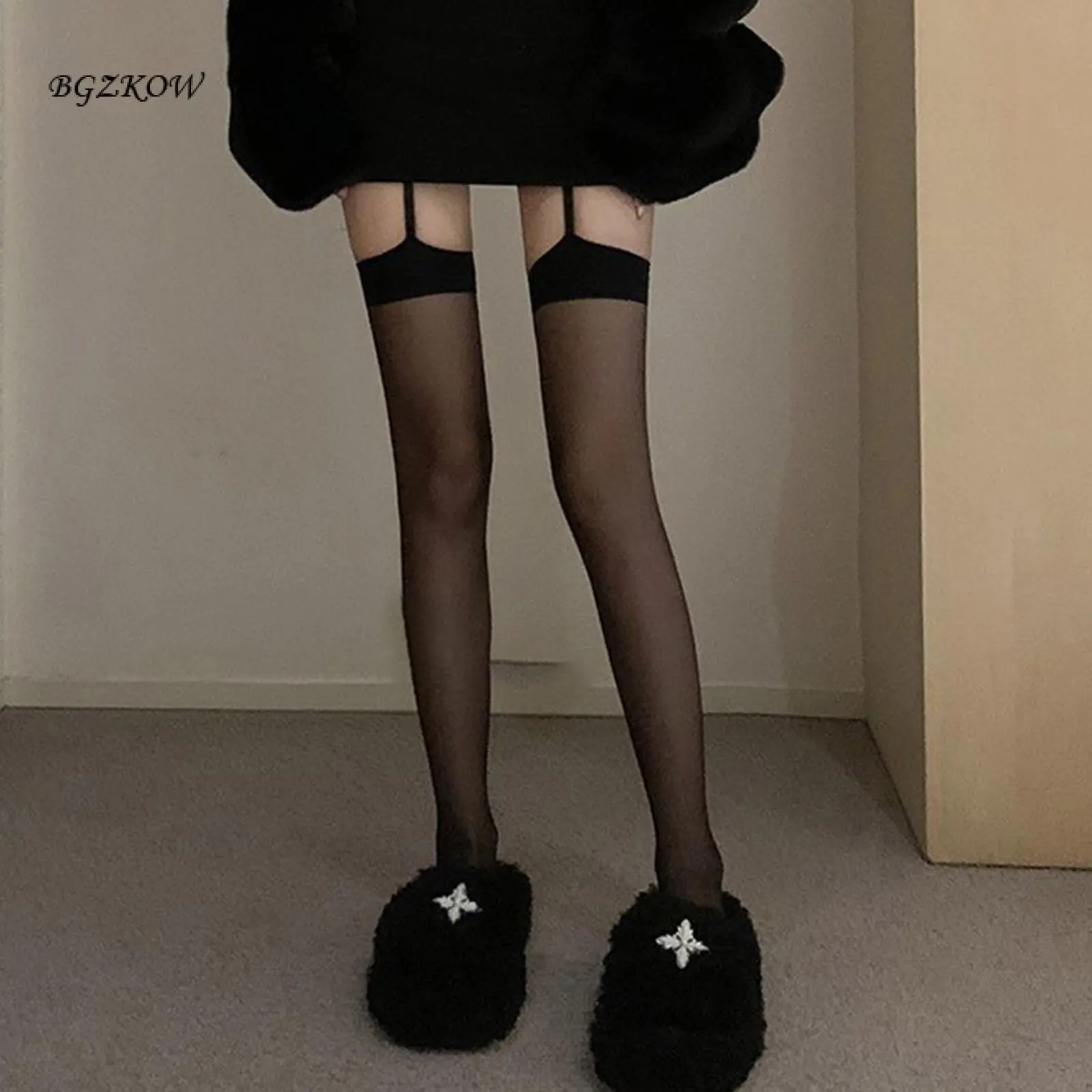 Women Sheer Suspender Pantyhose Mesh Thigh High Stockings High Waist Garter Belt Tights