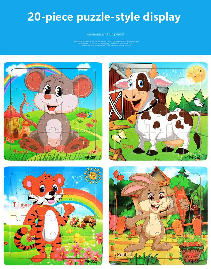 Product Introduction of 20 PCs wooden puzzle cartoon animal car number Letter pattern jigsaw puzzle game kids educational learning toys for kids 26