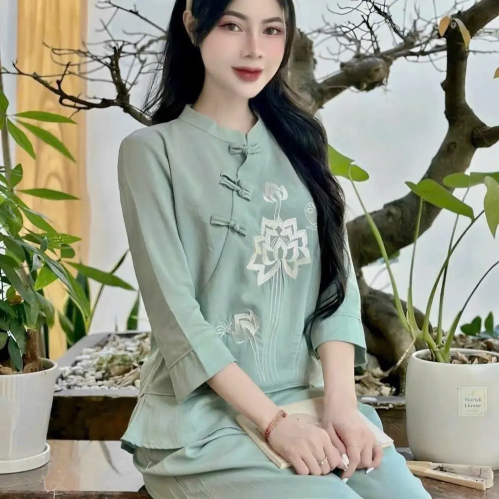 M175-Bộ lam cổ tàu thêu hoa sen quần có túi chất vải đũi Nữ - Women