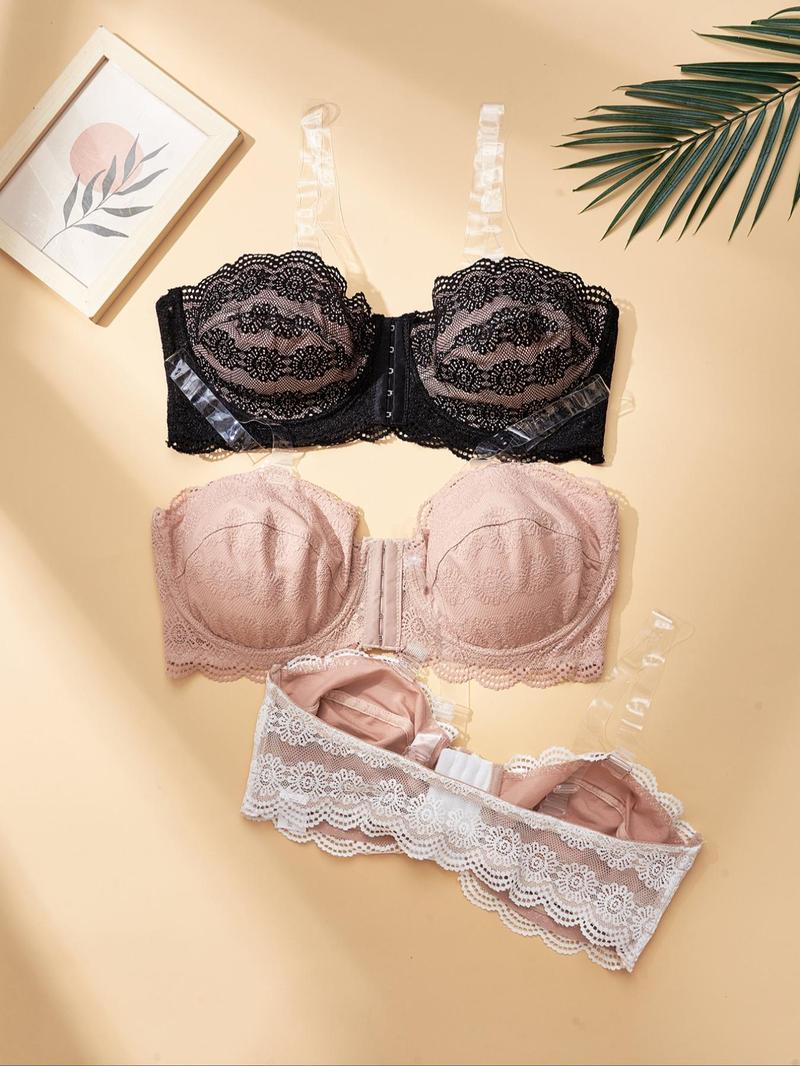 Product Introduction of 【Plus Size】 Women's Solid Color Lace Scallop Trim Push Up Front-Closure Bra, Soft Breathable Comfortable Underwire Backless Bra with Removable Transparent Straps for Daily Wear, Women's Lingerie for All Seasons 7