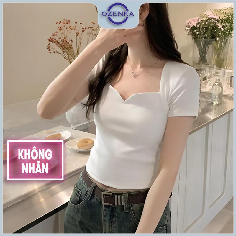 Áo baby tee croptop nữ cổ vuông tay ngắn hè trắng đen ozenka , áo thun nữ cộc cổ v basic sang chảnh dễ mặc