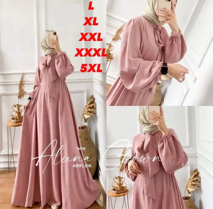 Crinkle Airflow Kekinian Viral 2024 Aluna Gown L XL XXL XXXL 5XL LD UP TO 140  Busui karet muslim panjang  pita  wanita  dress  maxi  wudhu  syari • simpel Gamis