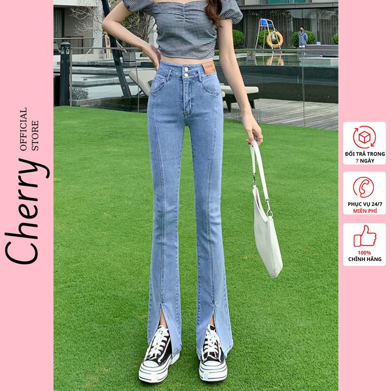 Quần jean nữ CHERRY ống loe xẻ tà trước phong cách hàn quốc, quần bò nữ xẻ giữa dáng đứng ống rộng cạp cao basic T068