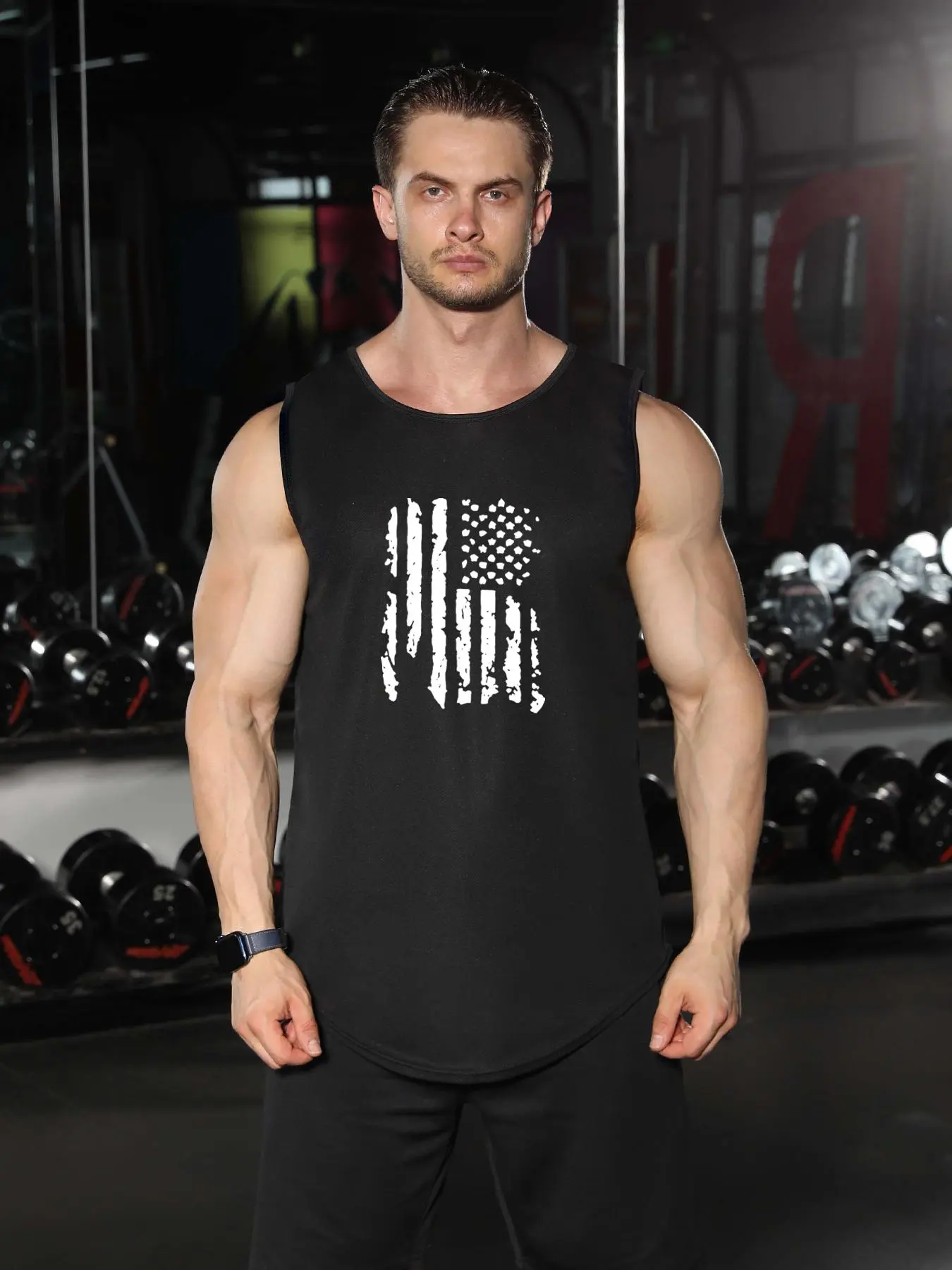 Men's Graphic Round Neck High Low Sports Tank Top, Regular Fit Clothes Crew Neck Sleeveless Top for Counts Gym Workout Running, Casual Sporty Men's Clothes Gym Outfits