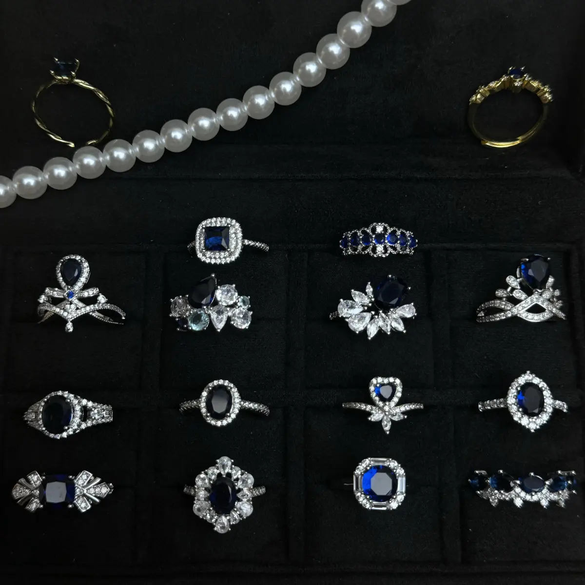 Cincin Permata Berwarna Korundum Biru, Direka oleh Atrforu, Barang Kemas Gao Ding, Gaya Mewah Perancis, Cincin Diopside Alamiah Tiruan Lanjutan Jewelry Rings