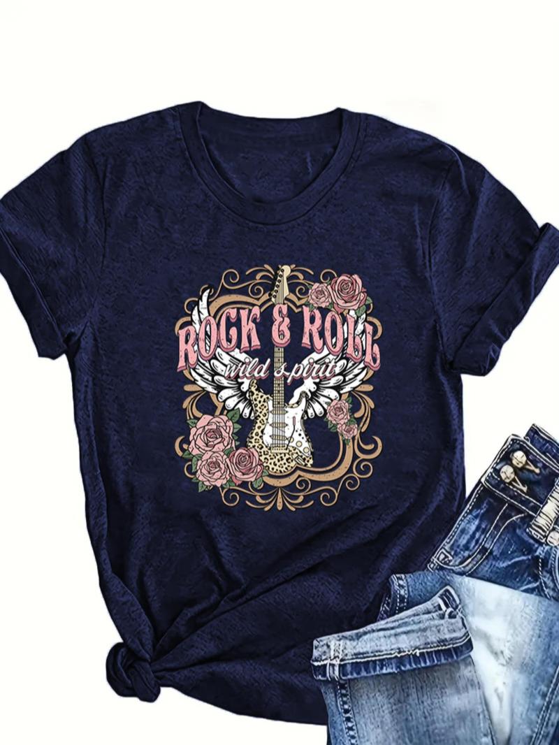 Product Introduction of Women's Floral & Guitar & Letter Print Round Neck Tee, Summer Clothes Women, Going Out Top, Streetwear, Casual Graphic Short Sleeve T-Shirt for Summer, Y2k Outfits Streetwear 8