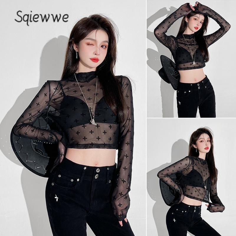 Product Introduction of SS24 Women Crop Cover-Up Tops Cross Print Sheer Long Sleeve Shirt Casual Pullovers for Club Streetwear Aesthetic Clothes 41