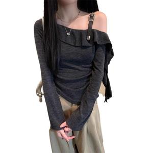 เสื้อยืด ไหล่ย่น สไตล์ฝรั่งเศส แขนยาว ผู้หญิง ฤดูใบไม้ร่วง มาใหม่ สาวฮอต ดีไซน์ไม่ปกติ เสื้อสลิม Clothing Women Lady