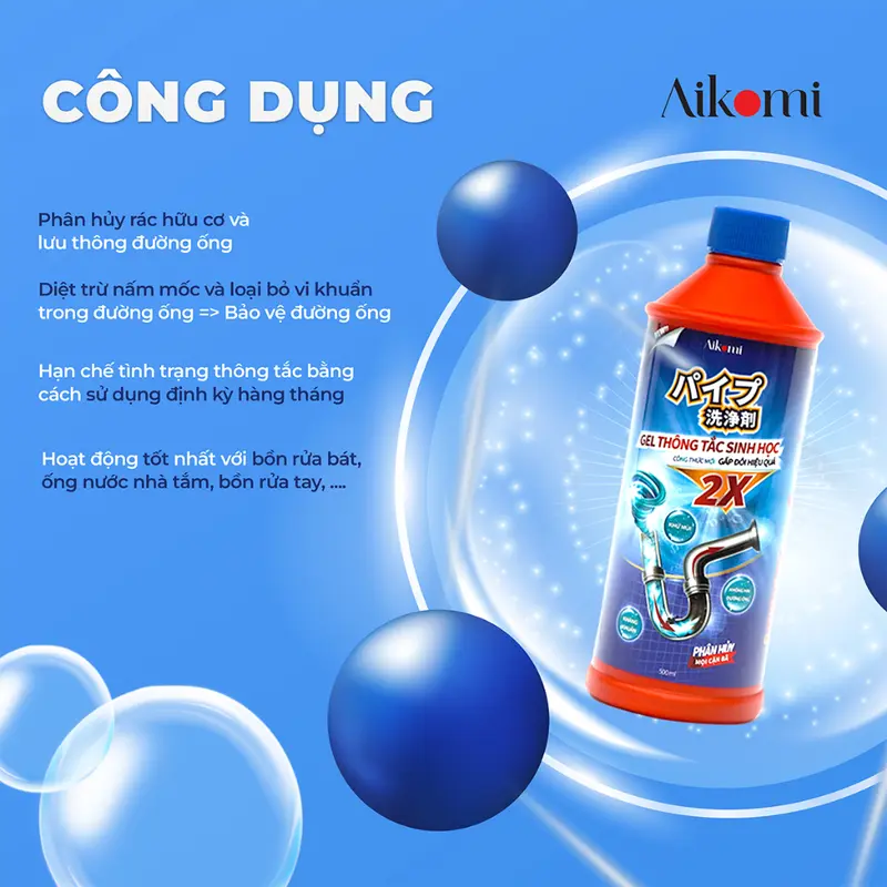 Gel thông tắc cống, ống thoát nước đa năng Aikomi 1000ml (Thông tắc do chất thải hữu cơ) Làm Sạch 1