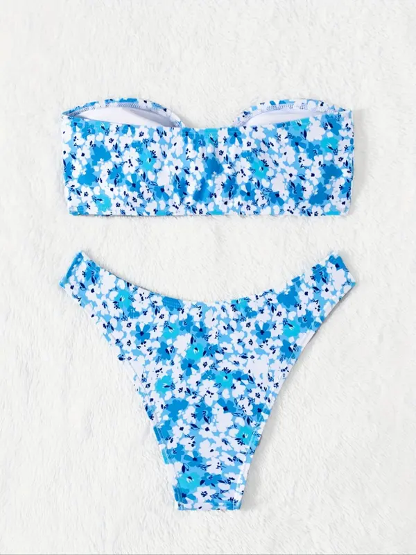 Two-Piece Sem Women's Ditsy Floral Print Twist Front Bikini Set, Casual Bandeau Swim Bra & High Cut Swim Panty, Fashion Chic Swimwear Set for Beach Holiday Vacation 1