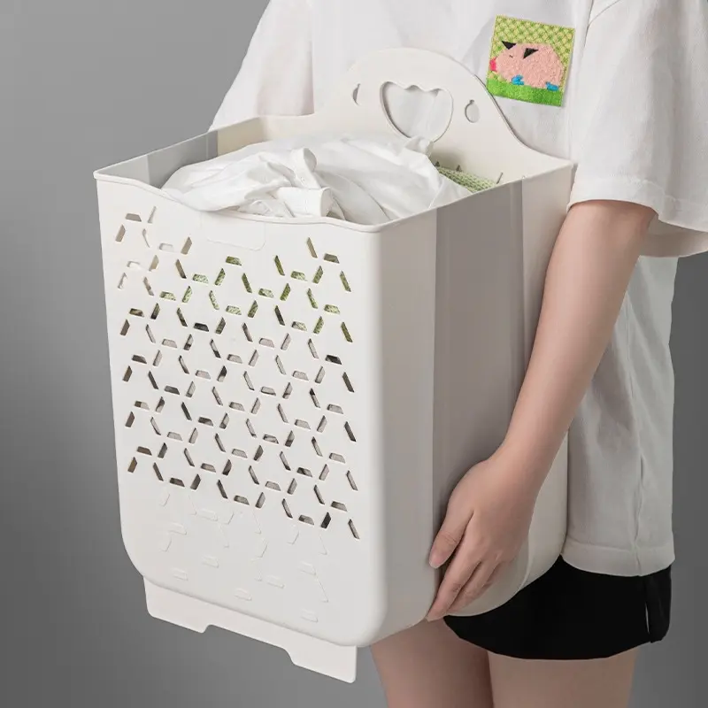 ￼Giỏ Đựng Quần Áo Bẩn Nhà Tắm Thiết Kế Tay Cầm Treo Tường Có Thể Gấp Gọn Chất Liệu Nhựa Dẻo Kèm Miếng Dán 5