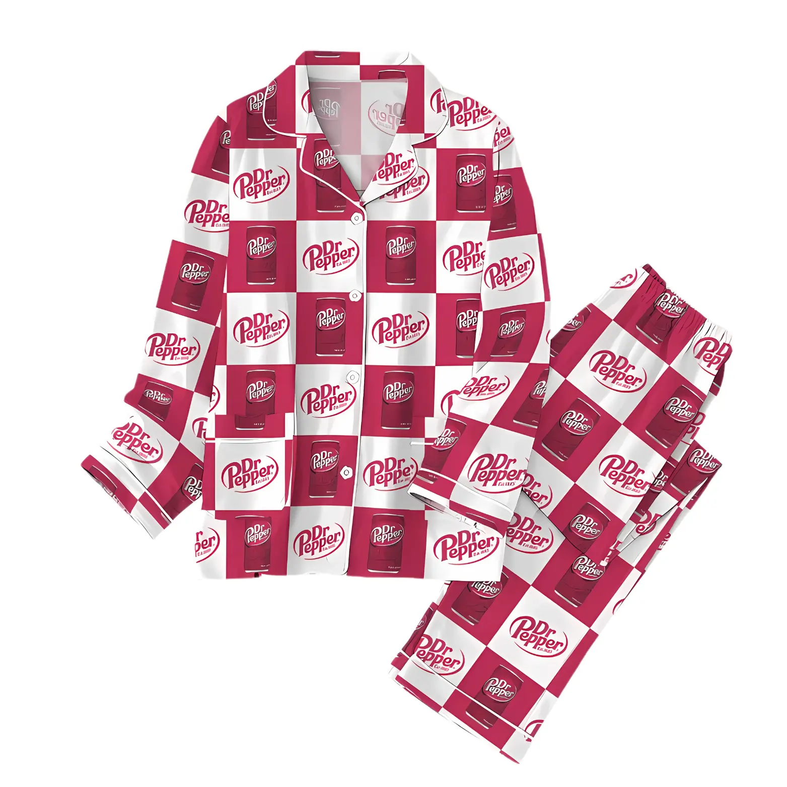 Dr Pepper Retro Checkered Pajamas Set - Drinker Pyjamas For Party - Drinking Graphic Pjs Set, Dr.Pepper Women Loungewear - Soda Lover Sleepwear t  nightwear