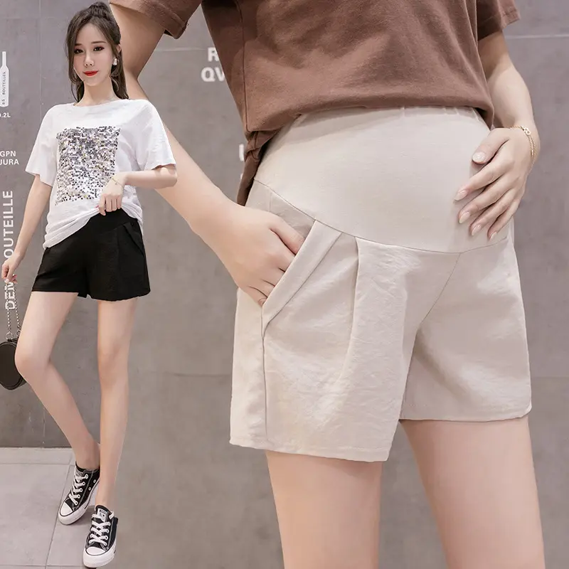 Fashion Korean Sytle Pregnant Woman Belly Shorts Cotton and Linen Maternity Loose Shorts
