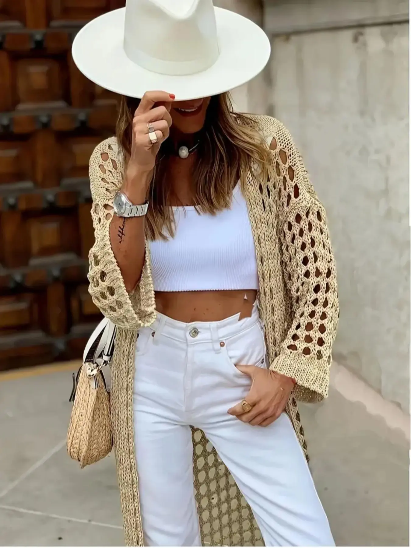 Women's Solid Color Hollow Out Cardigan, Casual Long Sleeve Open Front Knitwear for Spring & Fall, Fashion Women's Knit Clothing for Daily Wear