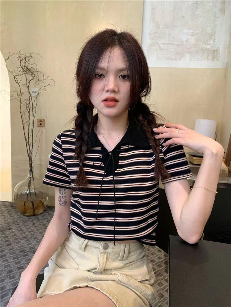 Product Introduction of Áo Thun Sọc, Cổ Polo Màu Tương Phản, Dành Cho Nữ, Phong Cách Cổ Điển Mùa Hè, Mỏng Vừa Vặn, Ngắn Tay, Áo Vai Ngắn, Bán Chạy 22