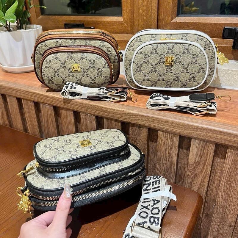 Túi đeo chéo đựng điện thoại và tiền, Gấu in 3 ngăn, Sz 20 dây đeo bản to y hình - Bag, Nữ _Túi xách Linh Khuê Đeo Vai tuidung dienthoai