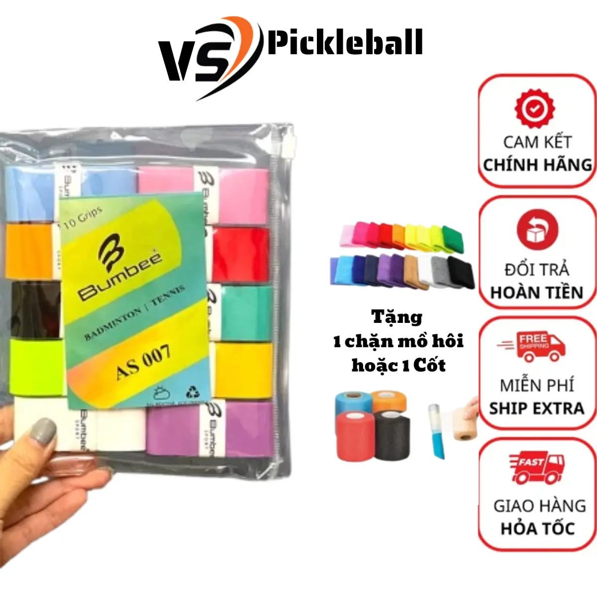 Combo cuốn cán Bumbee AS007 tặng kèm cuốn Cốt 7cm*10m mềm êm , thấm hút mồ hôi tốt , tiết kiệm cuốn cán Cầu Lông, Tennis,Pickleball