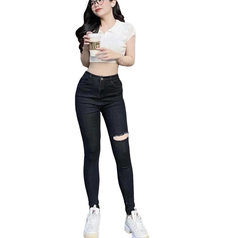 Quần jean đen muối tiêu rách đùi gấu tua lai kiểu dành cho Bigsize lưng co dãn mạnh Pants Nữ Denim Women quan jeanom lung cao