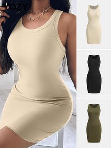 YOZY Women's Solid Ribbed Tank Dress, Casual Round Neck Sleeveless Bodycon Dress for Daily Wear, Ladies Clothes for All Seasons