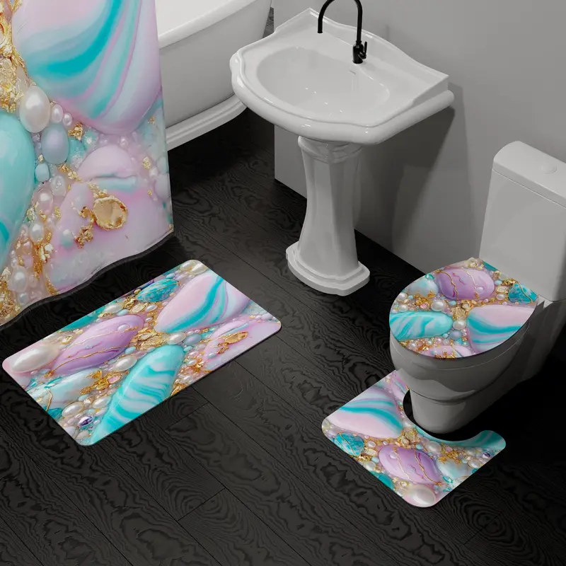 Gem Series Shower Curtain Set, 4 Counts/set Including Shower Curtain & Toilet Lid Cover & Rectangular Mat & U-shaped Mat, Bathroom Decor Supplies 3