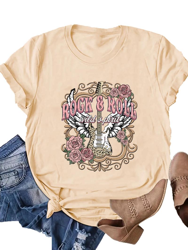 Product Introduction of Women's Floral & Guitar & Letter Print Round Neck Tee, Summer Clothes Women, Going Out Top, Streetwear, Casual Graphic Short Sleeve T-Shirt for Summer, Y2k Outfits Streetwear 10