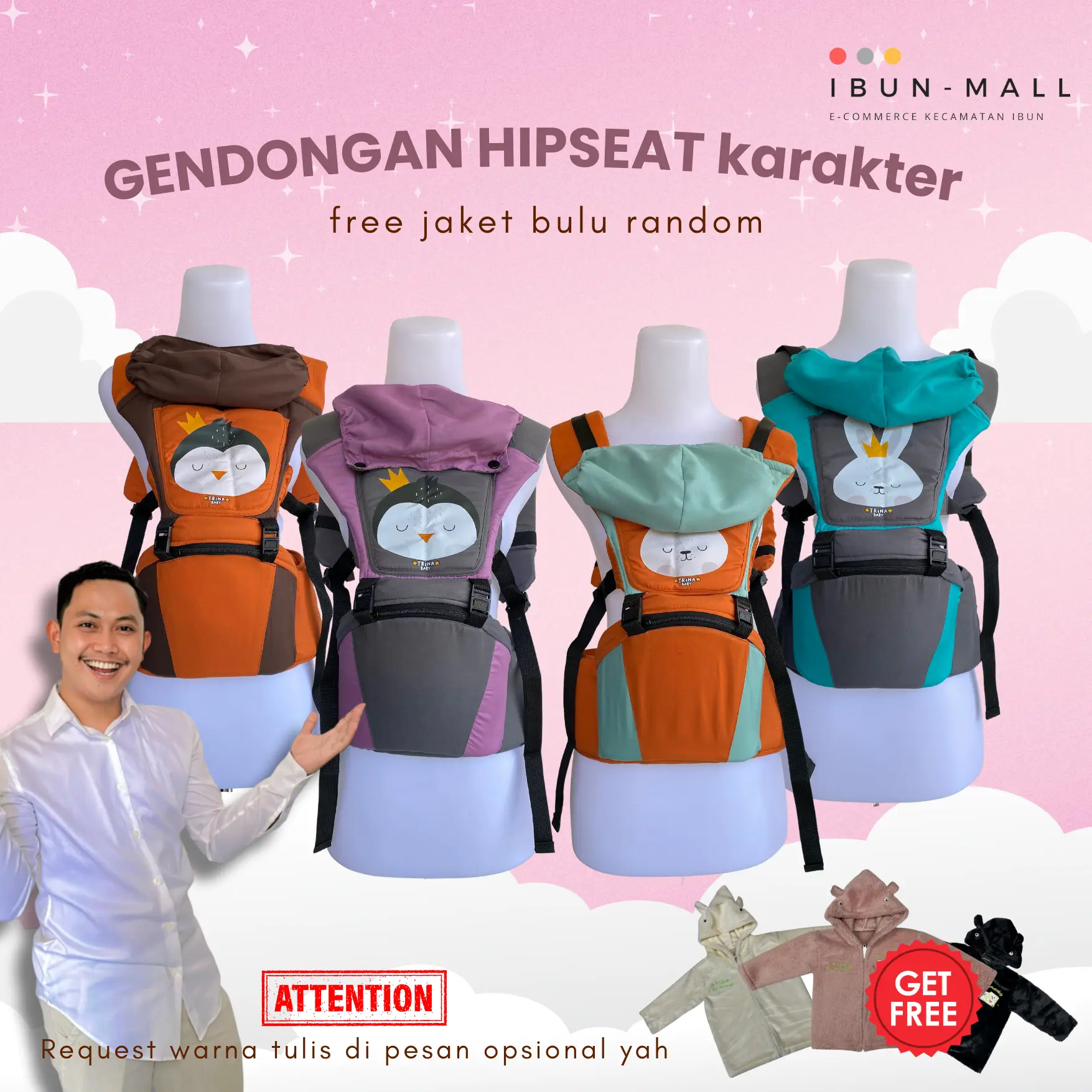 SPESIAL IBUN MALL - Gendongan Hipseat Karakter Lucu Free Jaket Bulu Cewek Cowok Bayi Bunda