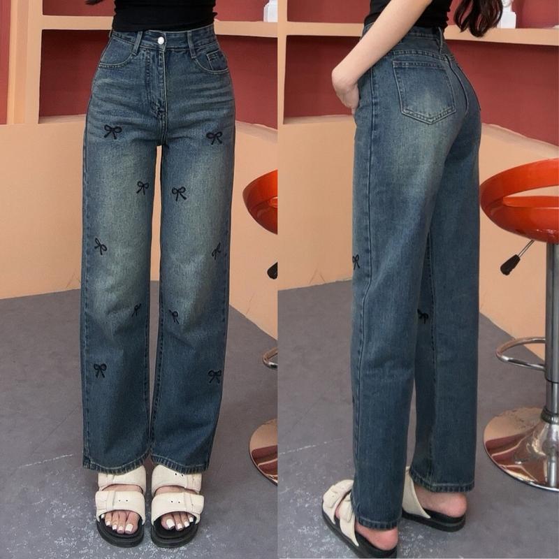 [ ZINLY SHOP ] Quần Jean Nữ Ống Suông Cạp Cao Thêu Nơ Màu Đậm Q301