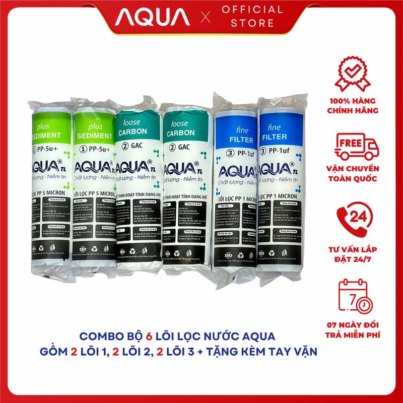 [TẶNG TAY VẶN] Bộ 6 Lõi Lọc nước 1 2 3 AQUA Chính Hãng |  Dùng được cho mọi loại máy lọc nước gia đình, máy lọc nước RO cốc lọc 10 inch