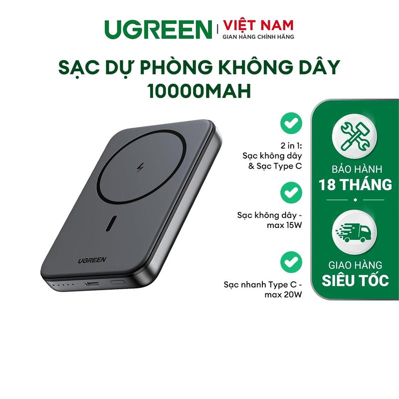 Pin sạc dự phòng không dây từ tính 10000mAh Ugreen PB516 | Sạc 2 trong 1 (sạc không dây 15W + cổng Type-C 20W) | Bảo hành 18 tháng 1 đổi 1 | 25919
