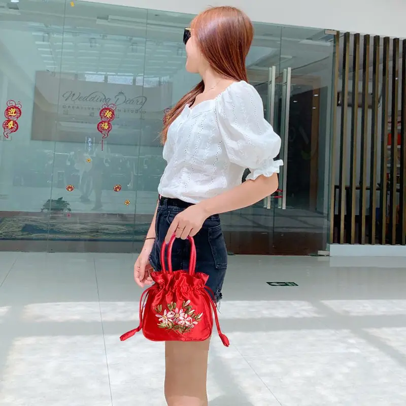 Túi Bucket Thêu Răng Cầm Tay, Thủ Công, Dây Rút Ruy Băng, Túi Hoa, M5A6, Đeo 3