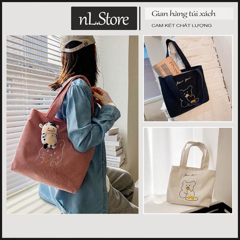 Túi tote vải canvas nhung có khóa kéo cute đeo vai đựng đồ đi làm sách vở đi học nl.Store T02