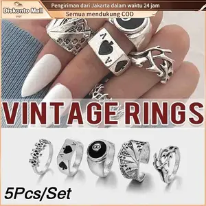 5PCS/Set Punk Cincin Set Wanita Gothic Cincin Hip Hop Fashion Pria netral Perhiasan