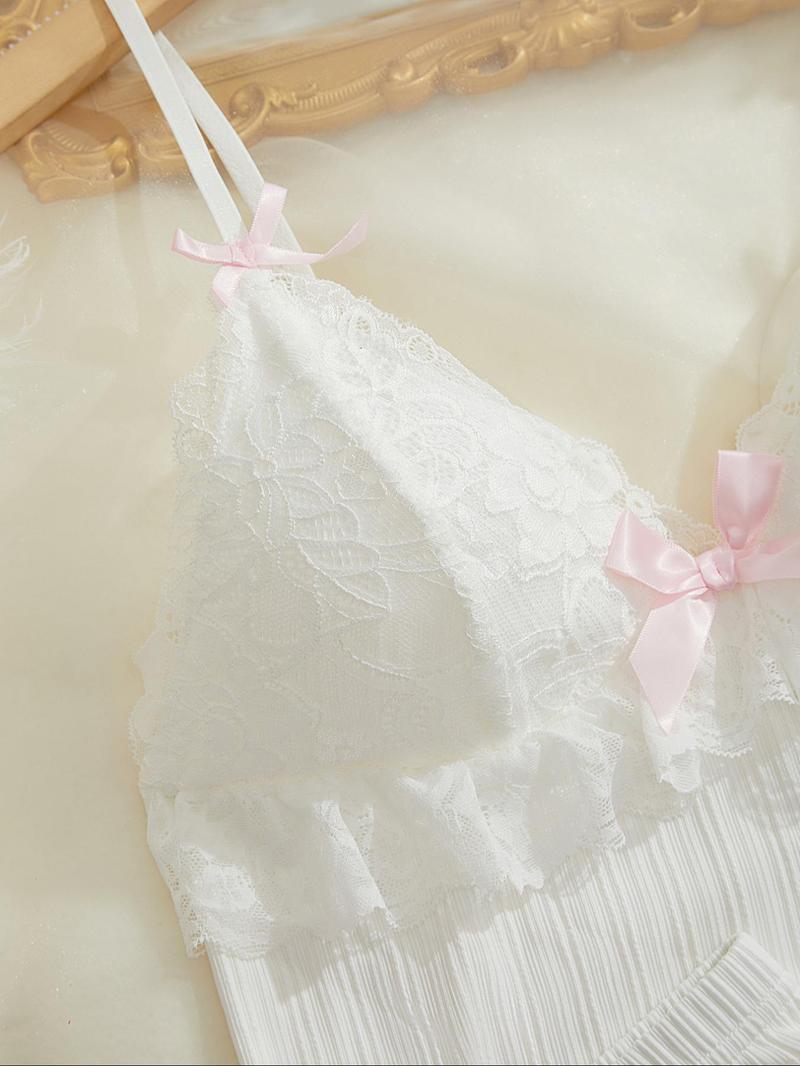 Product Introduction of Women's Plain Bow Decor Crop Cami Top & Lace Trim Shorts Pyjama Set, Casual Comfy Spaghetti Strap Camisole & Elastic Waist Shorts PJ Set, Ladies Sleepwear for All Seasons 6