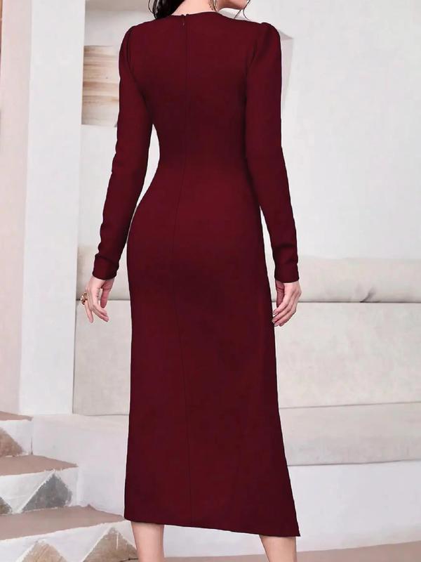 Women's Twist Ruched Wrap Split Thigh Puff Sleeve Dress, Elegant Long Sleeve V Neck A Line Dress For Spring & Fall, Ladies Clothes For Work Office Business, New Luxury Wedding Dress 7