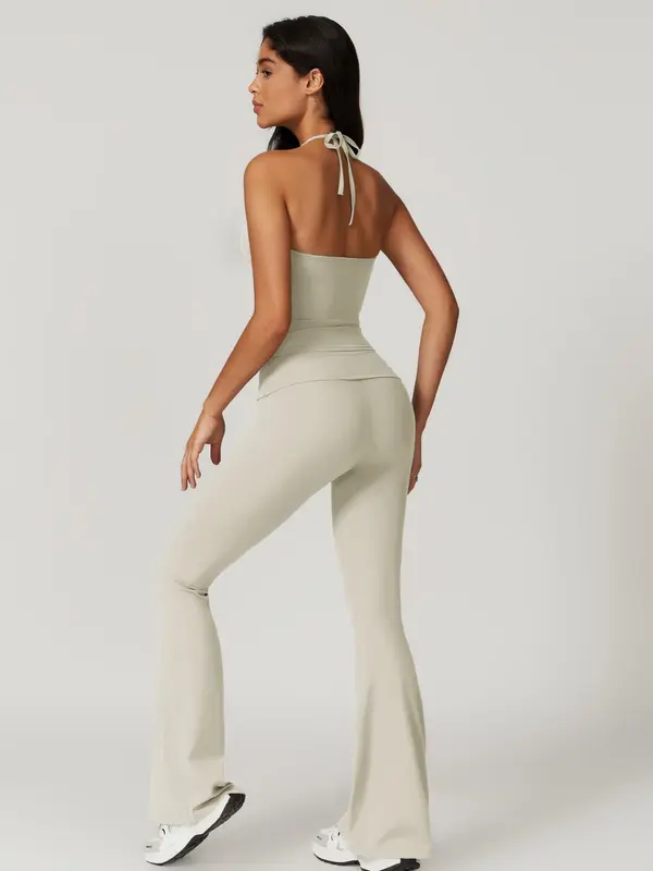 Women's Solid Crop Cami Top & Flare Leg Pants Two-piece Set, Casual Fashion Cozy Breathable Two Piece Outfits for Daily Outdoor Wear, Ladies Clothes for Summer, Womenswear 1