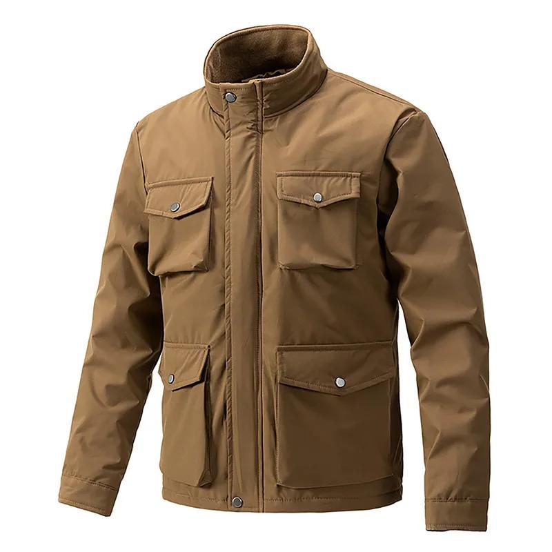 TikTok Shop Stand Collar Casual Jacket Mens Autumn And Winter Multi Pockets Workwear Solid Cardigan Zipper Long Sleeve Hoodless Jackets
