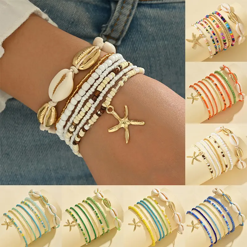 7Pcs Bohemian Style Starfish  Hand Woven Bracelet For Women Girls Fashion Beaded Bracelet Summer Beach Vacation Accessories