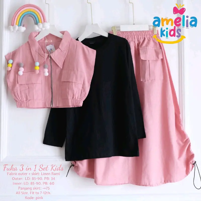 Fuka set setelan 3in1 inner outer rok katun linen anak 7-11 tahun 0