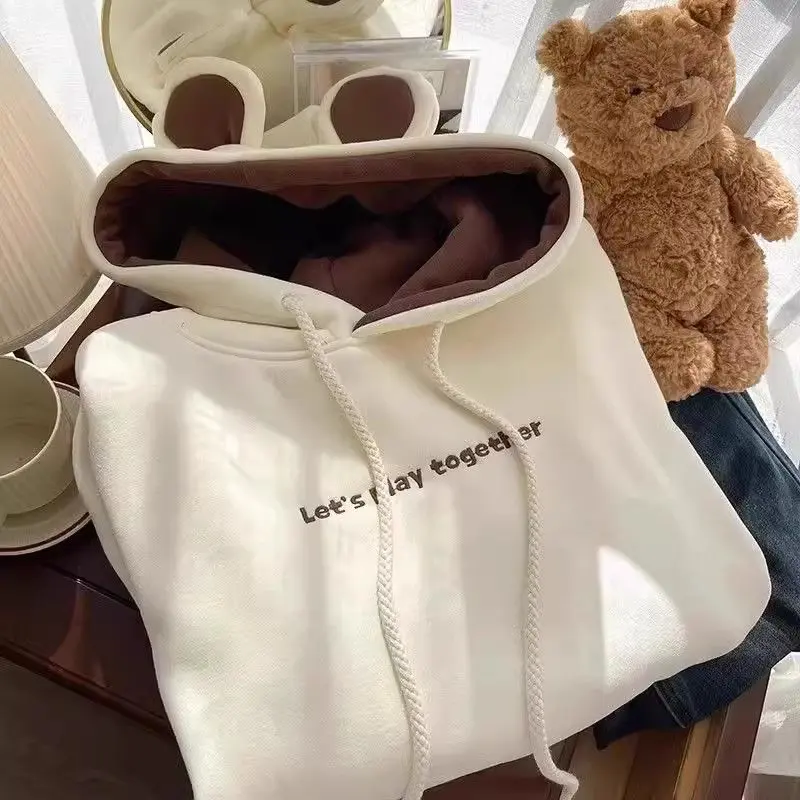 Áo Hoodie Mỏng, Thêu Gấu Và Tai Thỏ Dễ Thương, Dành Cho Nữ, Thích Hợp Cho Mùa Xuân Và Mùa Thu, Ngoại Cỡ, Dáng Rộng Rãi Và Thường Ngày, Áo Khoác 1