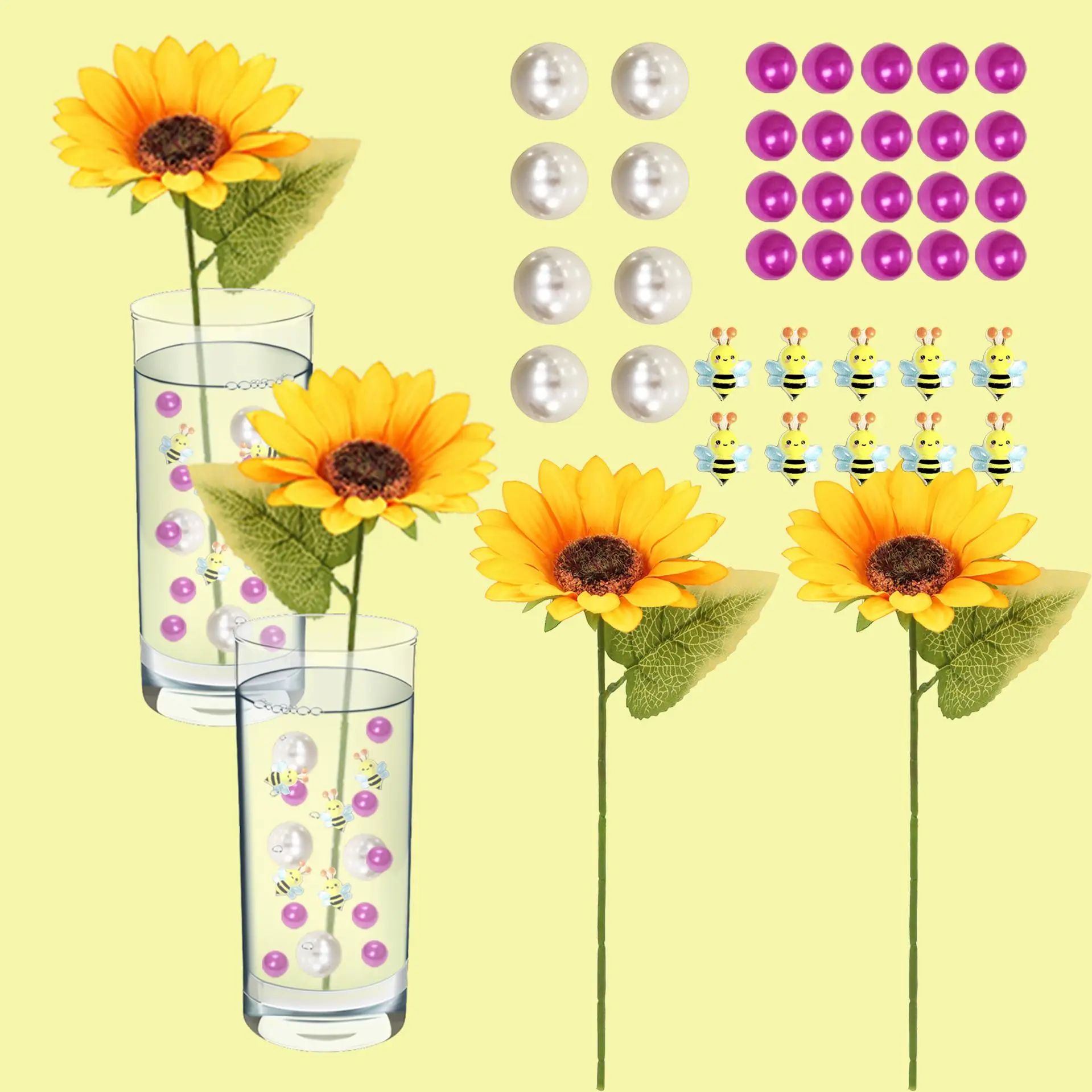 Sunflower Vase Filler Set, 40pcs/set Including Artificial Sunflower & Bee Decor & Faux Pearl Decor, Decorative Vase Filler for Home Party Wedding