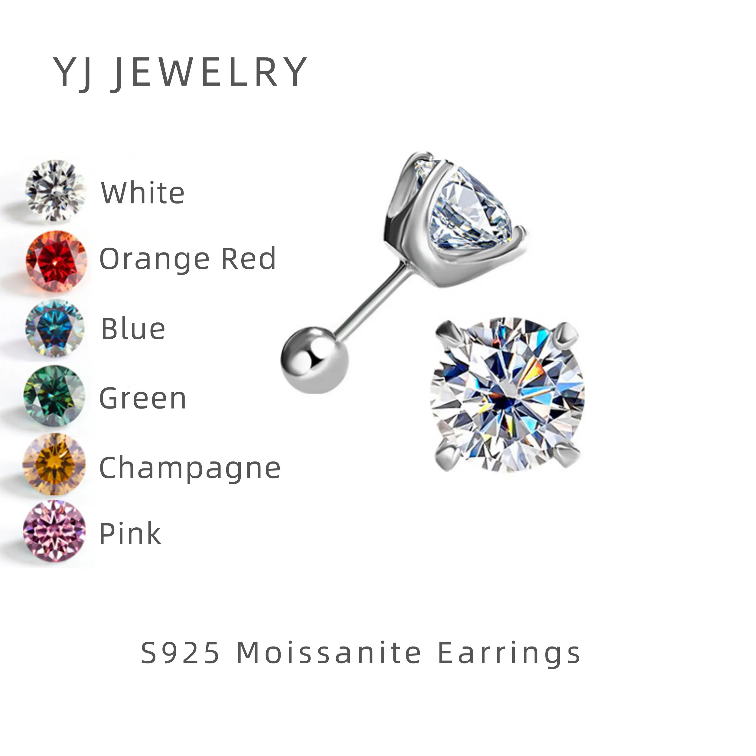 YJ-Silver 925 Moissanite Earrings Four-Claw Screw Back Earrings 0.5 Carat 1 Carat 2 Carat