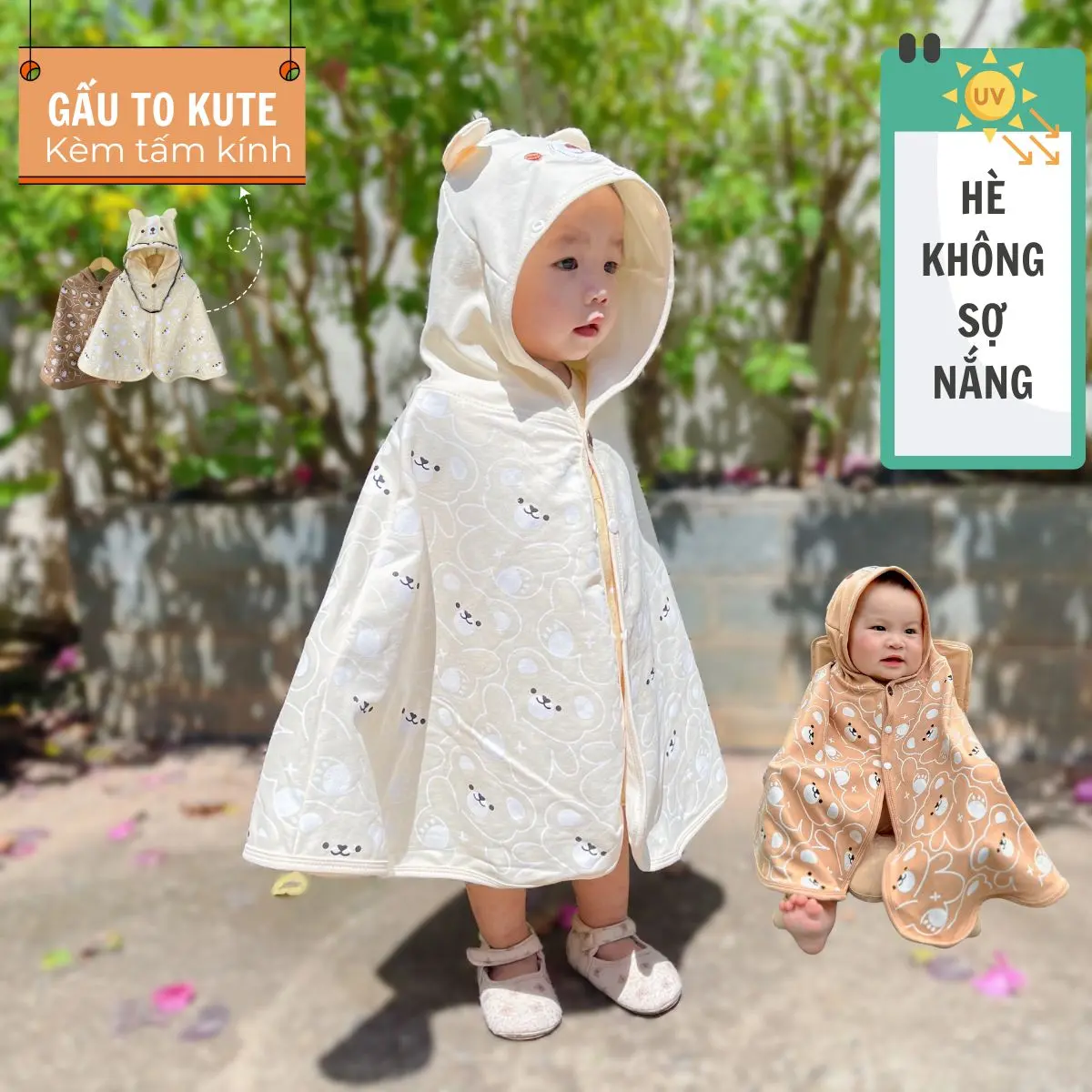 Áo choàng chống nắng cho bé có tấm chắn bụi tiện lợi chất vải Cotton da cá mềm mịn thoáng mát phù hợp cho bé trai bé gái phong cách Hàn Quốc kute - Chebokids