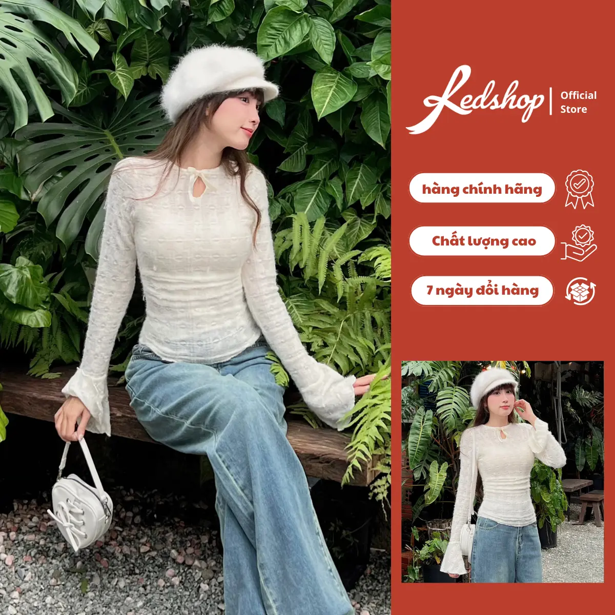 Áo len nữ RedShop tay loe đính nơ chất liệu lông thỏ mềm mịn co giãn CÓ LÓT - TOP Women 306002 Kem